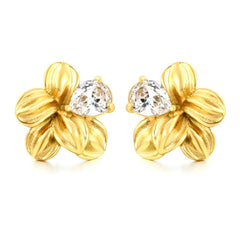 Stainless Steel Gold Color PVD Teardrop Cut Cubic Zirconia Three Dimensional Floral Stud Earrings