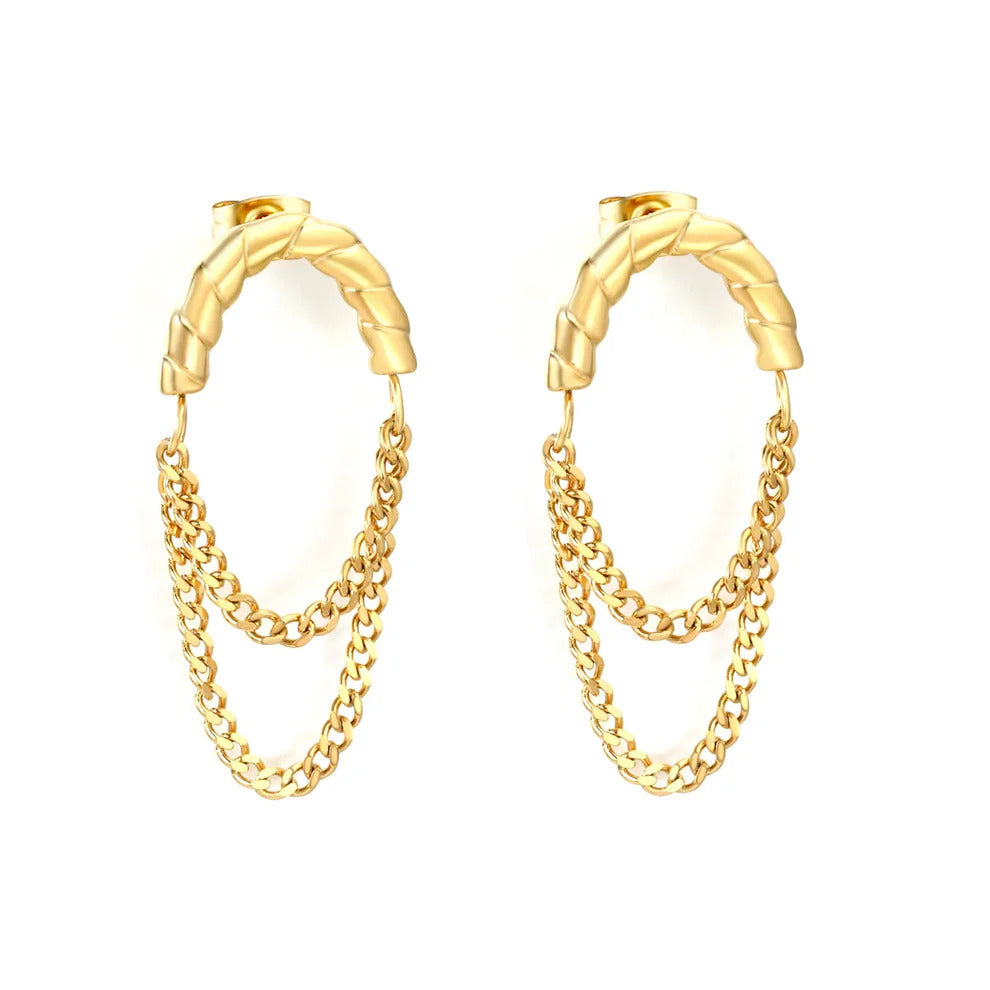 Tresoli Stainless Steel Gold Color PVD C Shape Stud Earrings With Double Sided Polished Tassel Chain