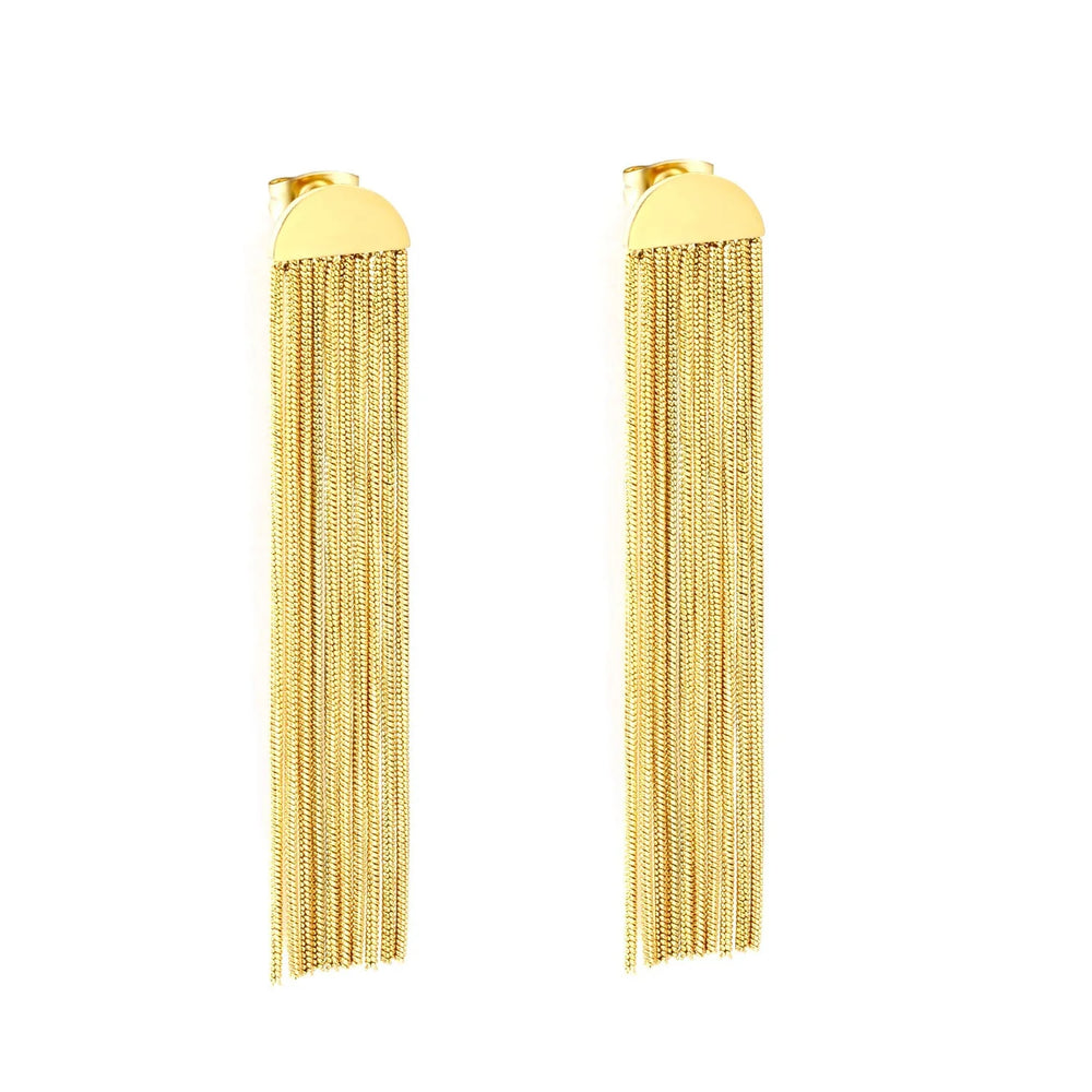 Stainless Steel Gold Color PVD Smooth Semi Circle Stud Earrings With Round Snake Chain Tassel