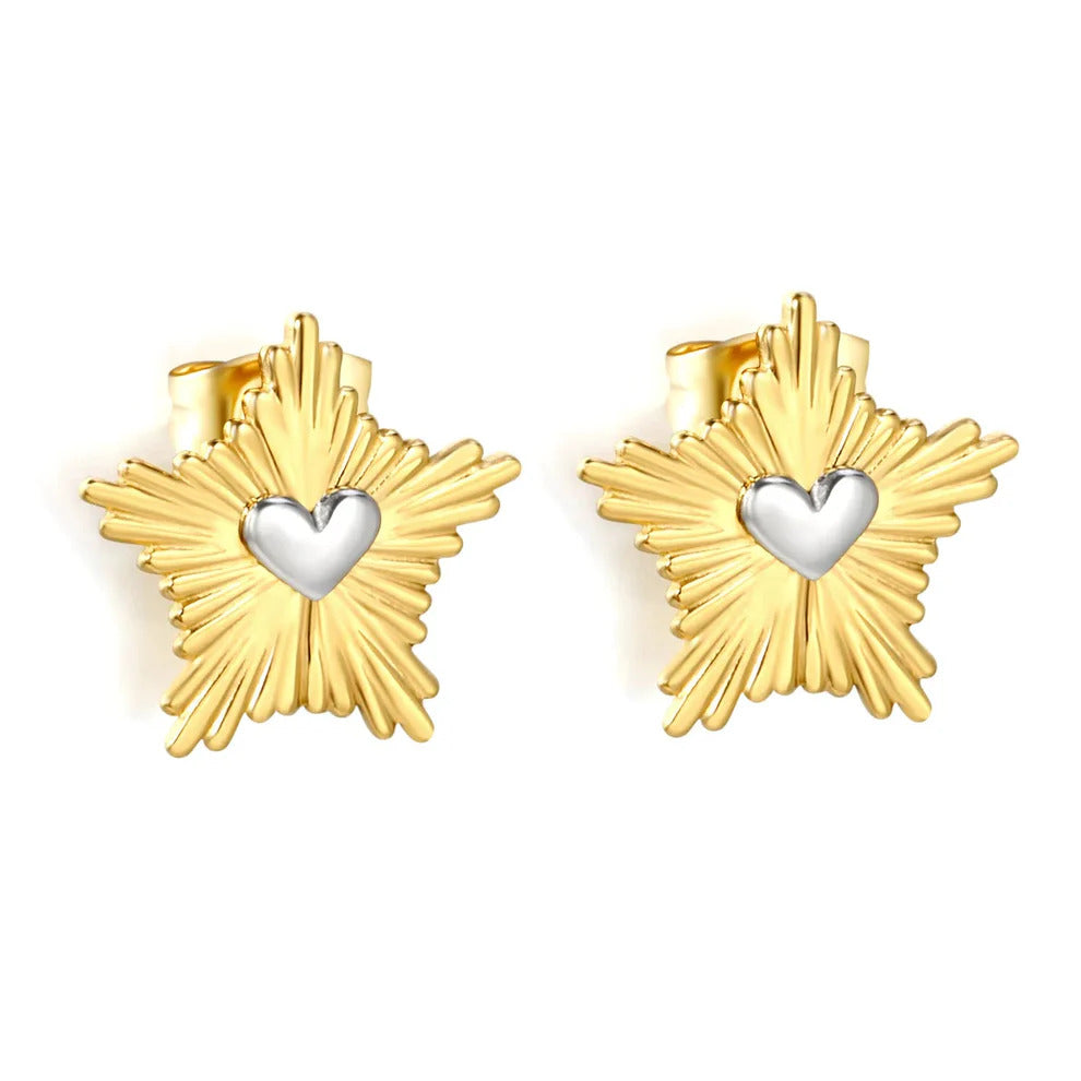 Stainless Steel Mix Color PVD Radiant Pattern Five Pointed Star Heart Stud Earrings