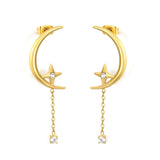 Stainless Steel Gold Color PVD Moon Shape Dangle Inlaid White Cubic Zirconia Eight Pointed Star Tiny Rhinestone Cross Chain Stud Earrings