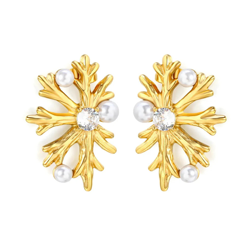Tresoli Stainless Steel Gold Color PVD Snowflake Imitation Pearl Round Rhinestone Stud Earrings