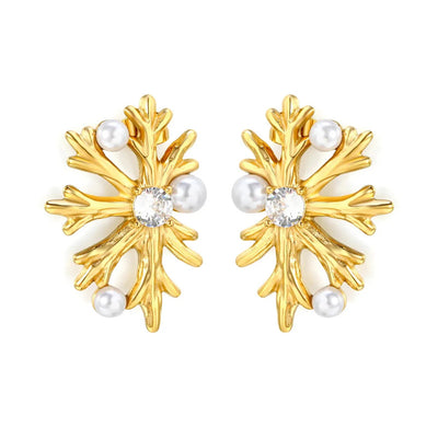 Tresoli Stainless Steel Gold Color PVD Snowflake Imitation Pearl Round Rhinestone Stud Earrings