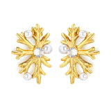 Tresoli Stainless Steel Gold Color PVD Snowflake Imitation Pearl Round Rhinestone Stud Earrings
