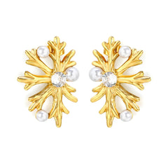 Tresoli Stainless Steel Gold Color PVD Snowflake Imitation Pearl Round Rhinestone Stud Earrings
