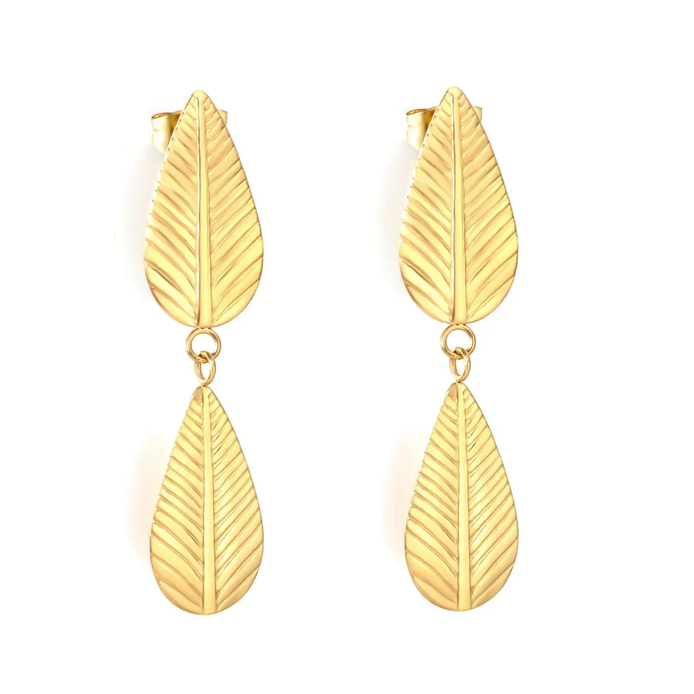 Stainless Steel Gold Color PVD Two Pieces Tassel Leaf Stud Earrings