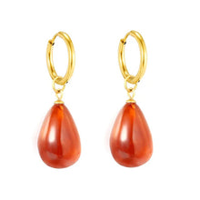 Load image into Gallery viewer, Stainless Steel Gold Color PVD Teardrop Amber Resin Hoop Earrings