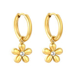 Stainless Steel Gold Color PVD 5 Petal Flower With White Rhinestones Hoop Earrings