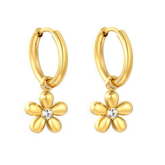 Stainless Steel Gold Color PVD 5 Petal Flower With White Rhinestones Hoop Earrings