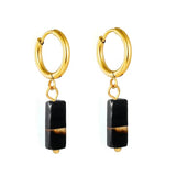 Stainless Steel Gold Color PVD Rectangular Natural Black Stone Hoop Earrings