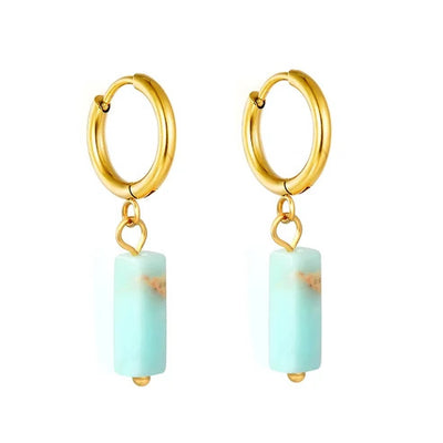Stainless Steel Gold Color PVD Rectangular Natural Blue Stone Hoop Earrings