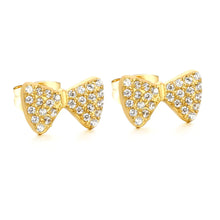 Load image into Gallery viewer, Tresoli Stainless Steel Gold Color PVD Bowknot Inlaid CNC White Zircon Stud Earrings