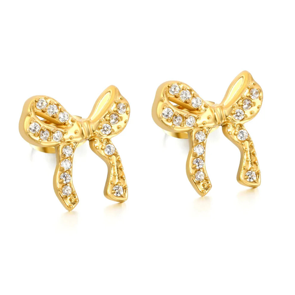 Stainless Steel Gold Color PVD Butterfly Inlaid CNC White Zircon Stud Earrings