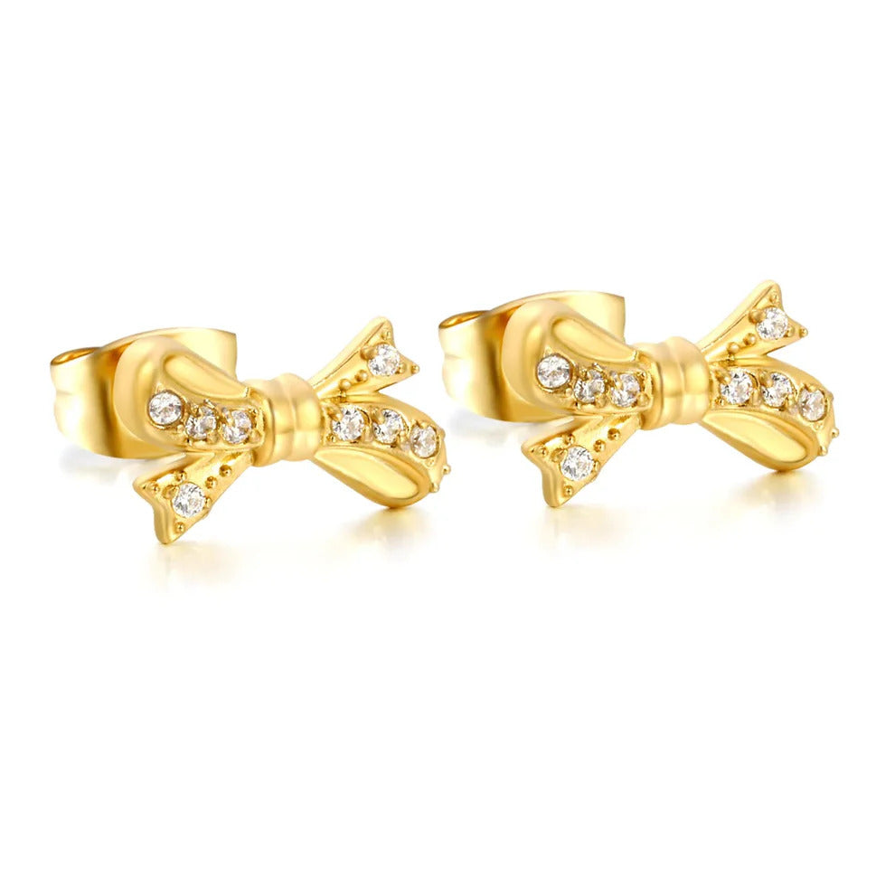 Stainless Steel Gold Color PVD Bow Inlaid CNC White Zircon Stud Earrings