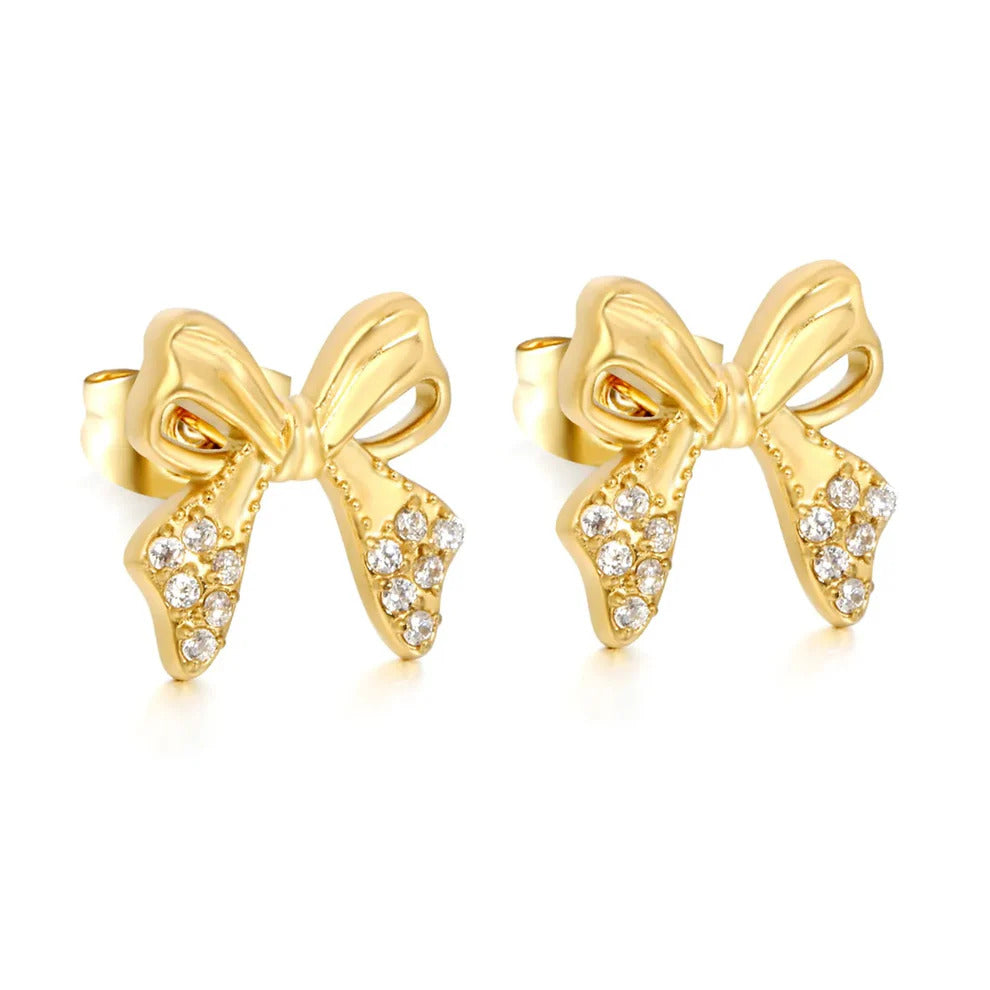 Stainless Steel Gold Color PVD Butterfly And Bow Inlaid CNC White Zircon Stud Earrings