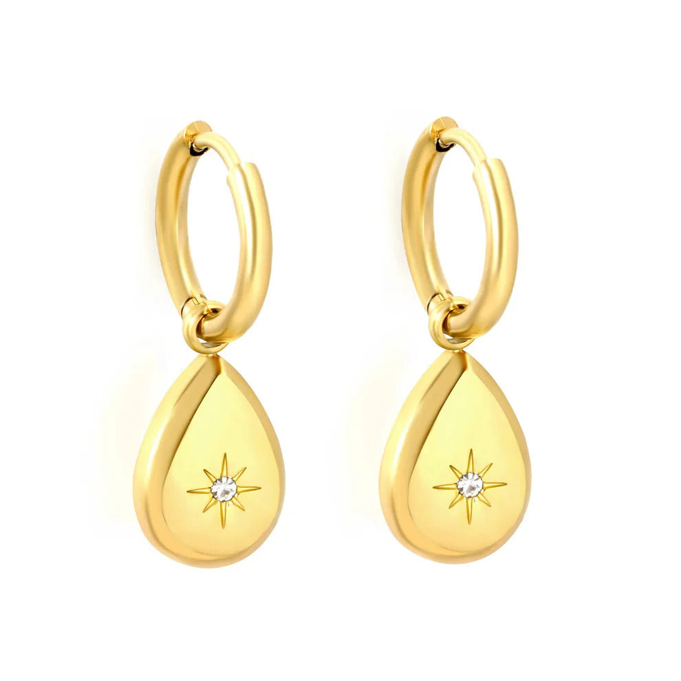 Stainless Steel Gold Color PVD Teardrop Eight Pointed Star White Zircon Wire Inner Hoop Earrings