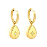 Tresoli Stainless Steel Gold Color PVD Teardrop Eight Pointed Star White Zircon Wire Inner Hoop Earrings