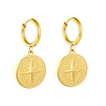 Load image into Gallery viewer, Stainless Steel Gold Color PVD Eight Pointed Star Disc Hoop Earrings