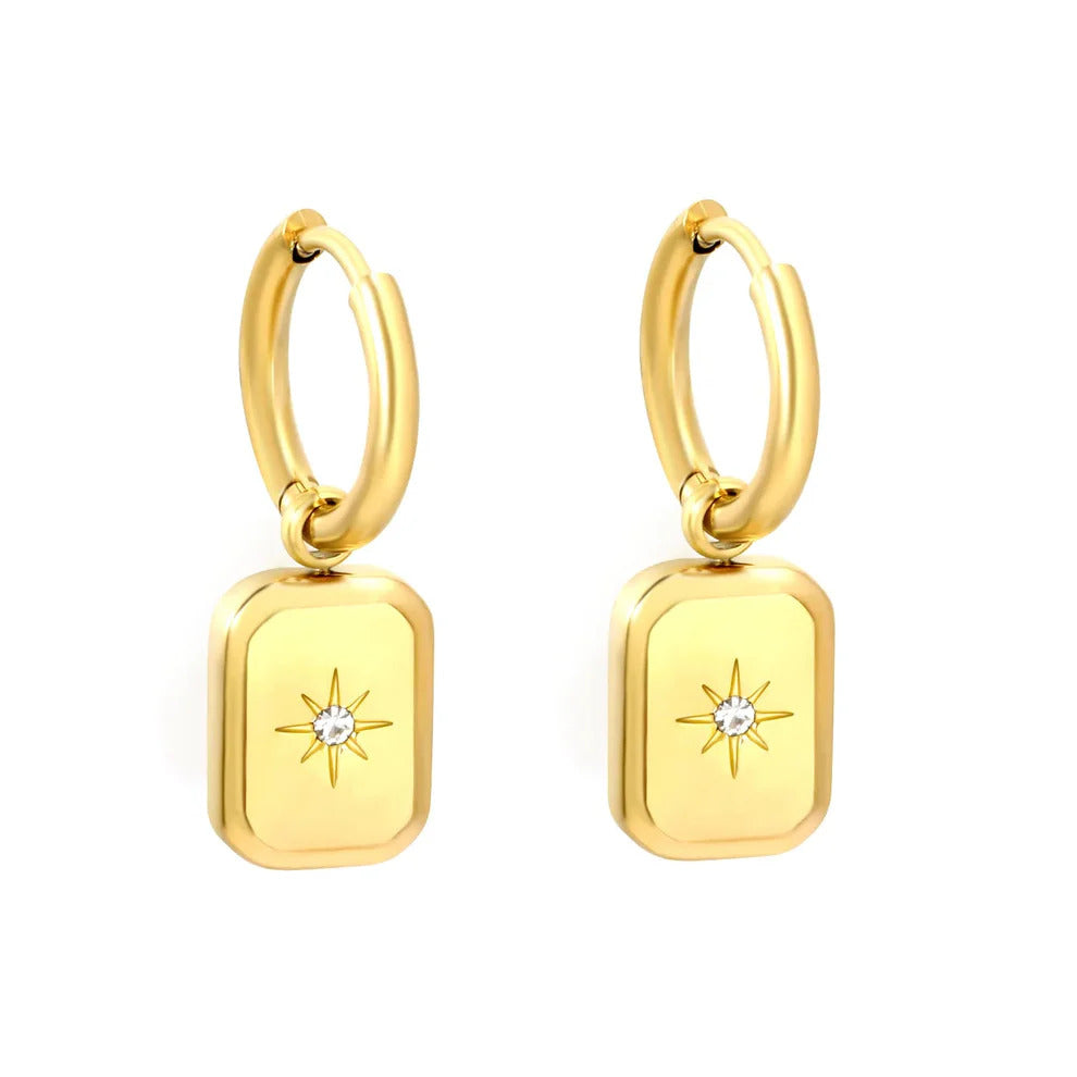 Tresoli Stainless Steel Gold Color PVD Rectangle Eight Pointed Star White Zircon Inner Hoop Earrings
