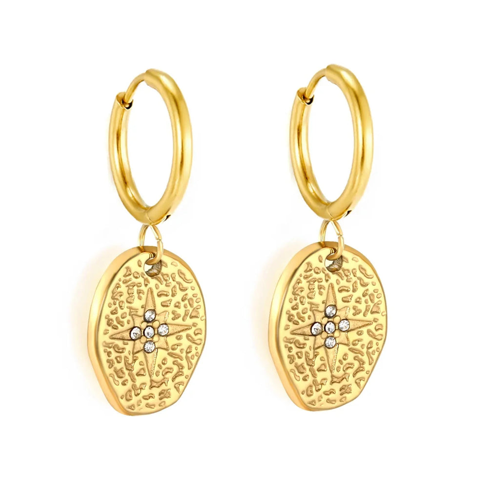 Stainless Steel Gold Color PVD Irregular Eight Pointed Star With Rhinestone Hoop Earrings