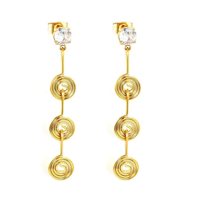 Stainless Steel Gold Color PVD White Zircon 3 Coil Spiral Stud Earrings