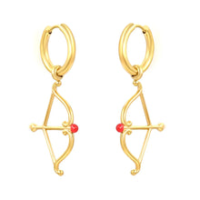 Load image into Gallery viewer, Tresoli Stainless Steel Gold Color PVD Wire Inner Hoop Earrings With Cupid's Arrow Enamel Heart