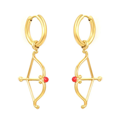 Tresoli Stainless Steel Gold Color PVD Wire Inner Hoop Earrings With Cupid's Arrow Enamel Heart