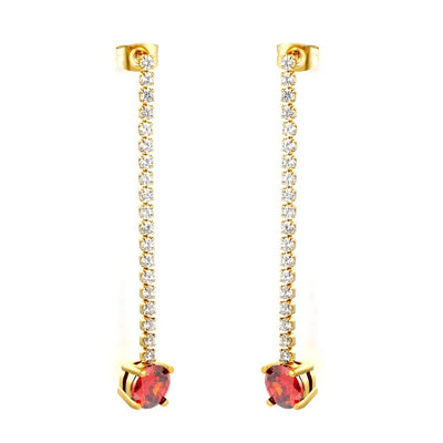 Stainless Steel Gold Color PVD Round White Zircon With Claw Chain And Red Rose Round Zircon Stud Earrings