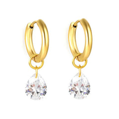 Stainless Steel Gold Color PVD White Zircon Teardrop Hoop Earrings
