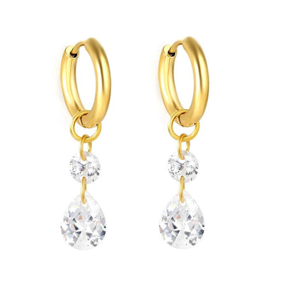Stainless Steel Gold Color PVD Teardrop White Zircon Hoop Earrings