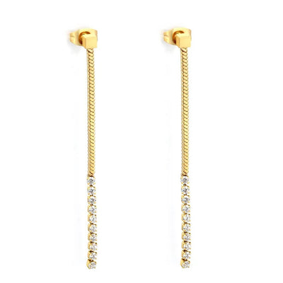 Stainless Steel Gold Color PVD White Zircon Smooth Square Stud Earrings With Square Snake Chain