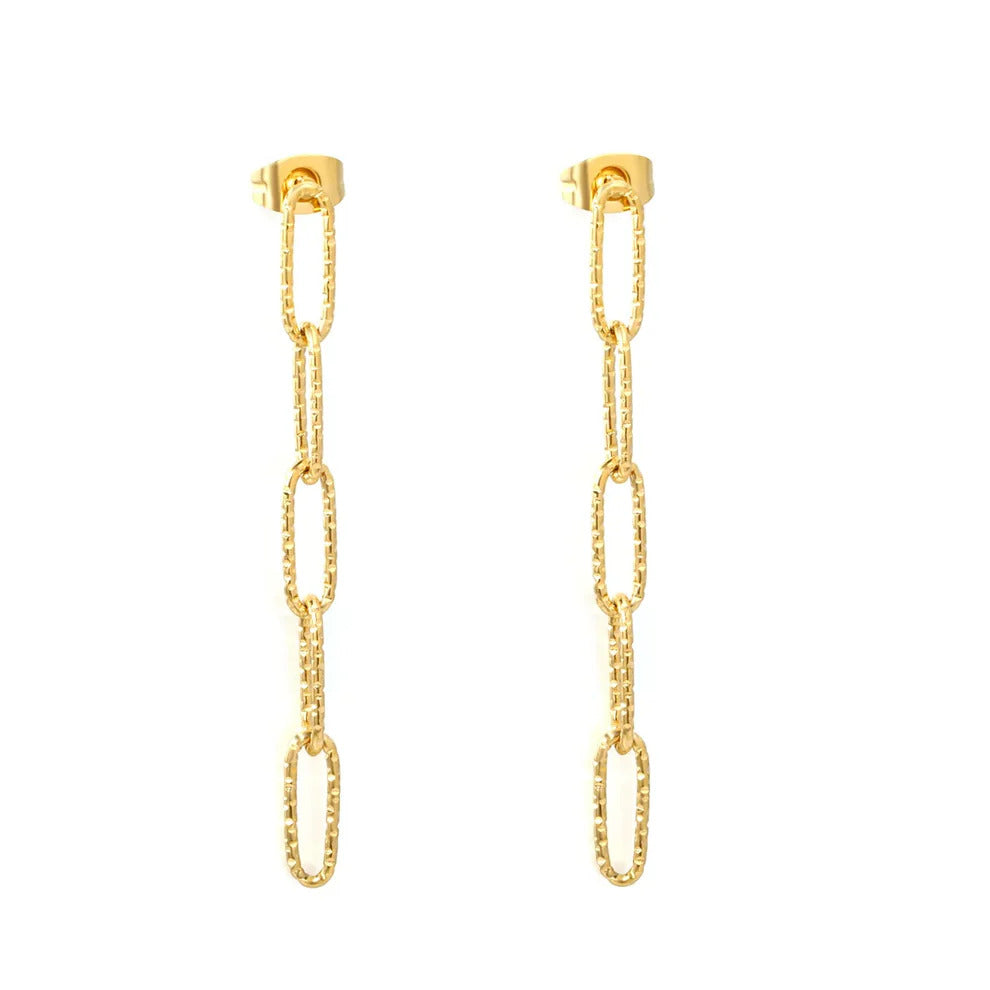 Tresoli Stainless Steel Gold Color PVD Textured Paperclip Chain Tassel Stud Earrings