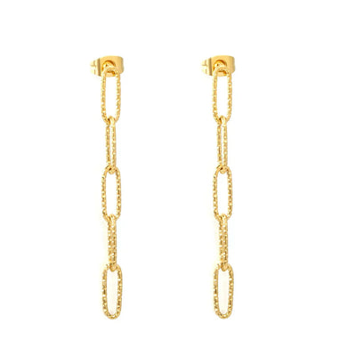 Tresoli Stainless Steel Gold Color PVD Textured Paperclip Chain Tassel Stud Earrings