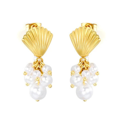 Stainless Steel Gold Color PVD Pearl Hanging Shell Stud Earrings