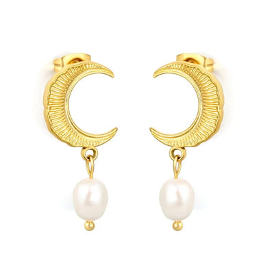 Stainless Steel Gold Color PVD Moon Stud Earrings With Natural Freshwater Pearl