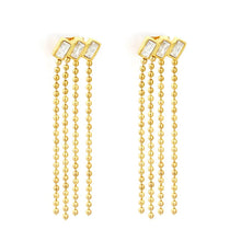 Load image into Gallery viewer, Stainless Steel Gold Color PVD Three Charms Cubic Zirconia Four Pieces Ball Chain Tassels Stud Earrings