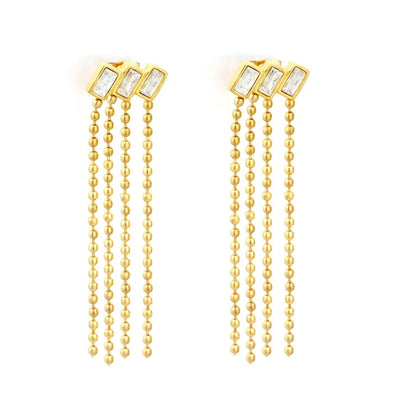Stainless Steel Gold Color PVD Three Charms Cubic Zirconia Four Pieces Ball Chain Tassels Stud Earrings