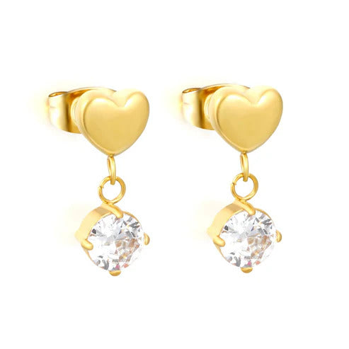 Stainless Steel Gold Color PVD Polished 3D Heart White Cubic Zirconia Stud Earrings