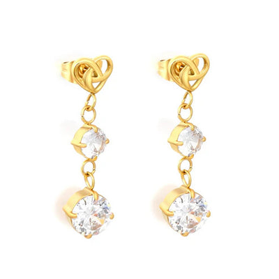 Stainless Steel Gold Color PVD Hollow Heart Knot White Cubic Zirconia Stud Earrings