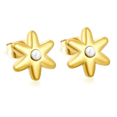 Stainless Steel Gold Color PVD Six Petal Flower Inlaid Faux Pearls Stud Earrings
