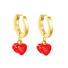 Load image into Gallery viewer, Stainless Steel Gold Color PVD Enamel Double Red Heart Hoop Earrings