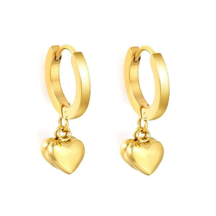 Stainless Steel Gold Color PVD Polished Double Heart Hoop Earrings