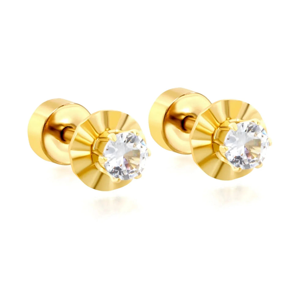 Stainless Steel Gold Color PVD Embossed Round Slice Stud Earrings With Prong Set Round Zirconia Screw Pin And Round Twist Screw