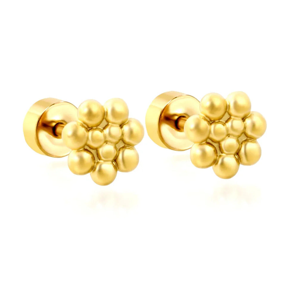 Stainless Steel Gold Color PVD Flower Stud Earrings With Screw Pin And Round Twist Screw