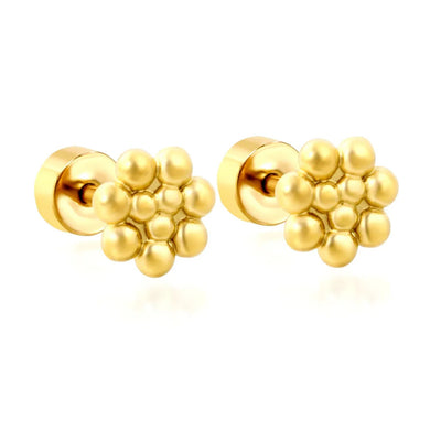 Tresoli Stainless Steel Gold Color PVD Flower Stud Earrings With Screw Pin And Round Twist Screw