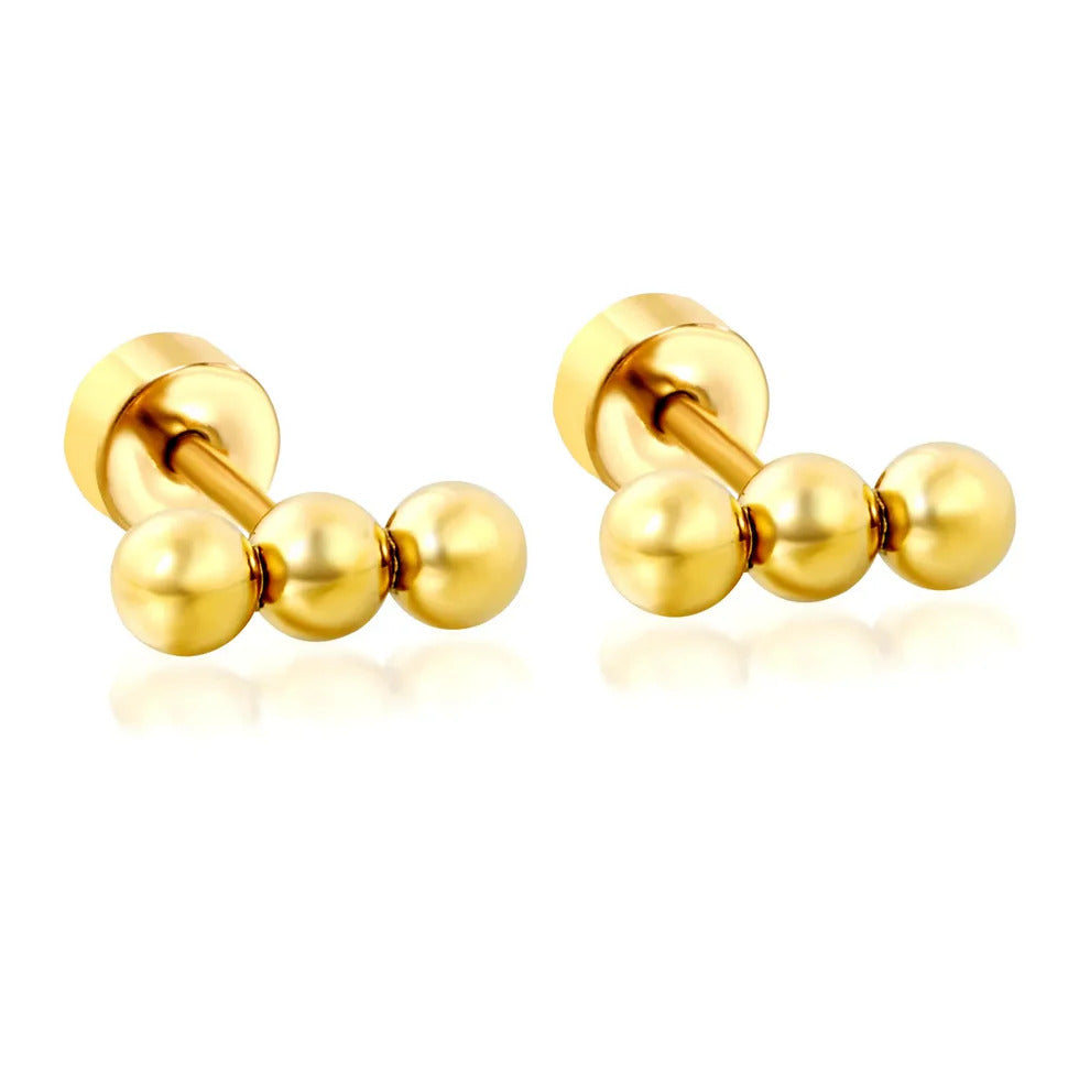 Stainless Steel Gold Color PVD Three Beads Stud Earrings With Screw Pin And Round Twist Screw