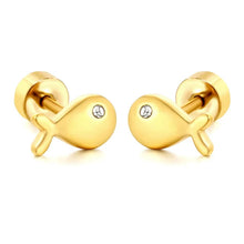 Load image into Gallery viewer, Stainless Steel Gold Color PVD Fish Shaped Zircon Threaded Pin Twisted Screw Back Stud Earrings