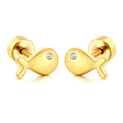 Stainless Steel Gold Color PVD Fish Shaped Zircon Threaded Pin Twisted Screw Back Stud Earrings