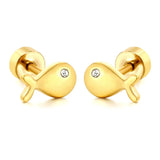 Stainless Steel Gold Color PVD Fish Shaped Zircon Threaded Pin Twisted Screw Back Stud Earrings