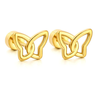 Tresoli Stainless Steel Gold Color PVD Hollow Butterfly Stud Earrings With Screw Pin And Round Twist Screw